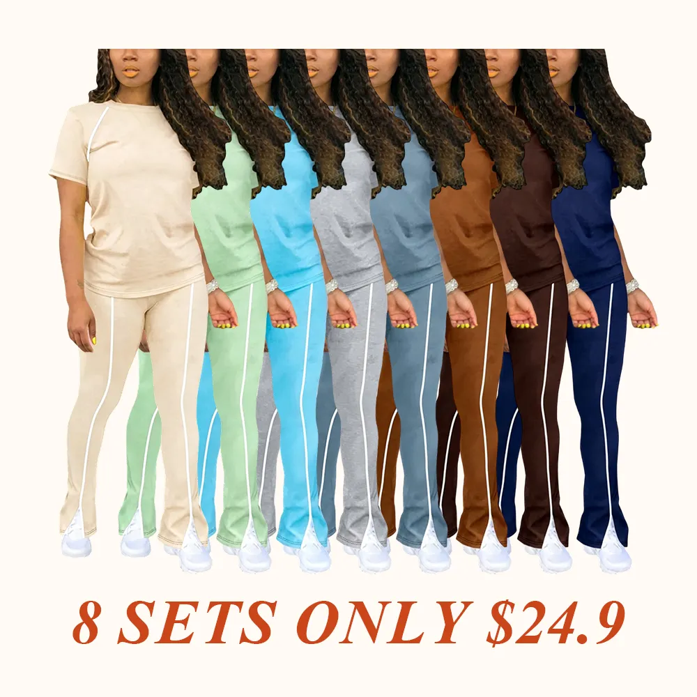 Women's Summer Round Neck Short Sleeve Fitted Pants Set Outfit, Classic Solid Color Casual Wear Lightweight Clothes