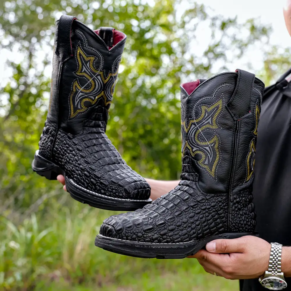 Black Caiman Hornback Leather Boots With 3D Lightweight BLACK EDITION Sole - Composite Toe