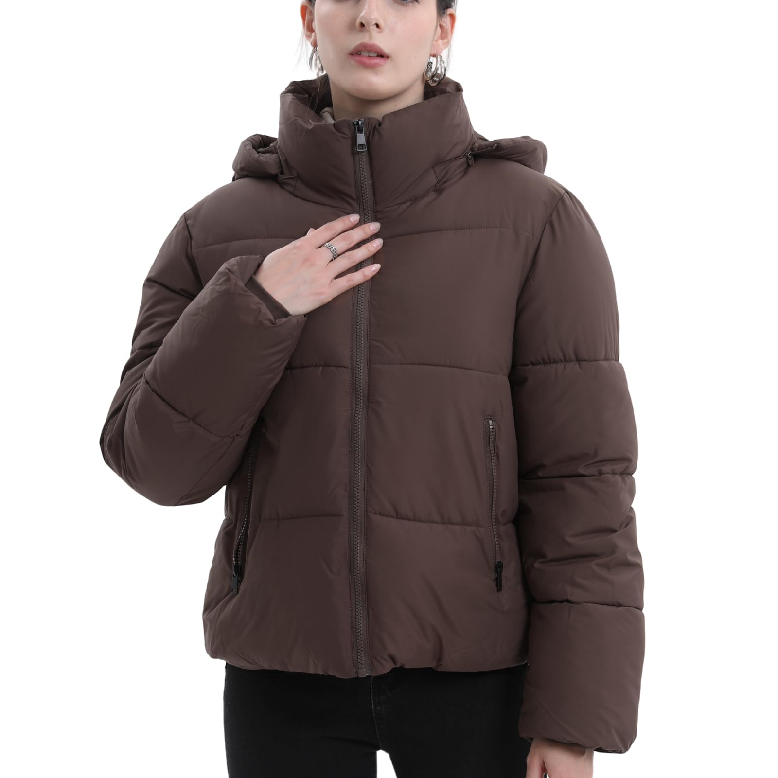 WarmCore Premium Short Puffer Jackets with Removable Hood & Optional Faux Fur Linging, Lady Casual Outerwear Longsleeves Zip Pockets Warm Quilted Coat