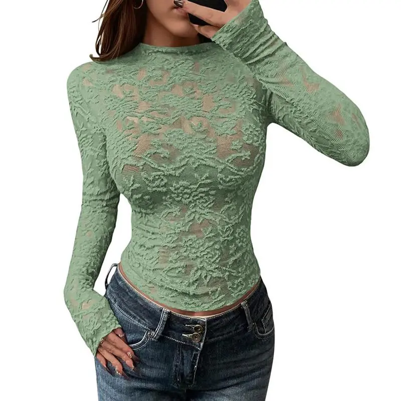 Mesh Long Sleeve Tops for Women Lace Sexy Sheer Tight See Through Crew Neck