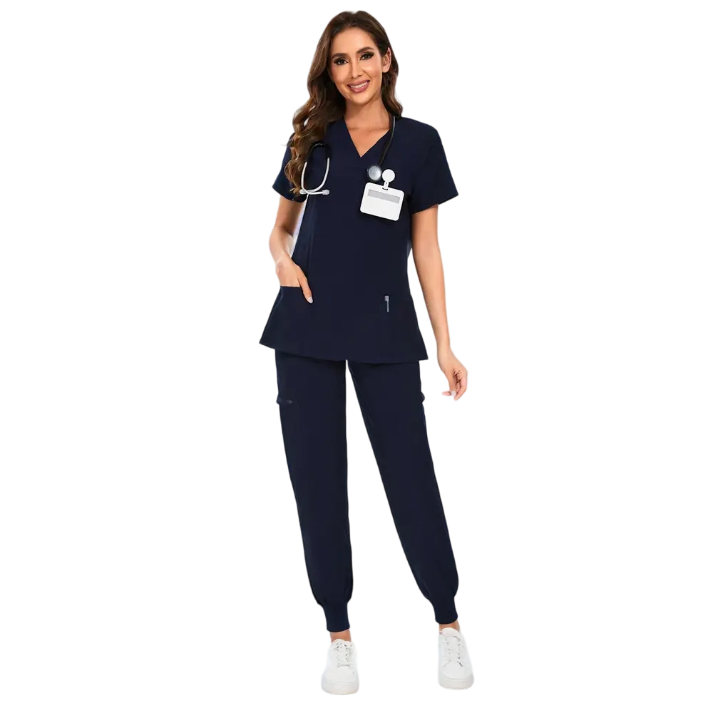 Women Stretch V-Neck Scrub Top & Jogger Pant Set   with 8 Pockets