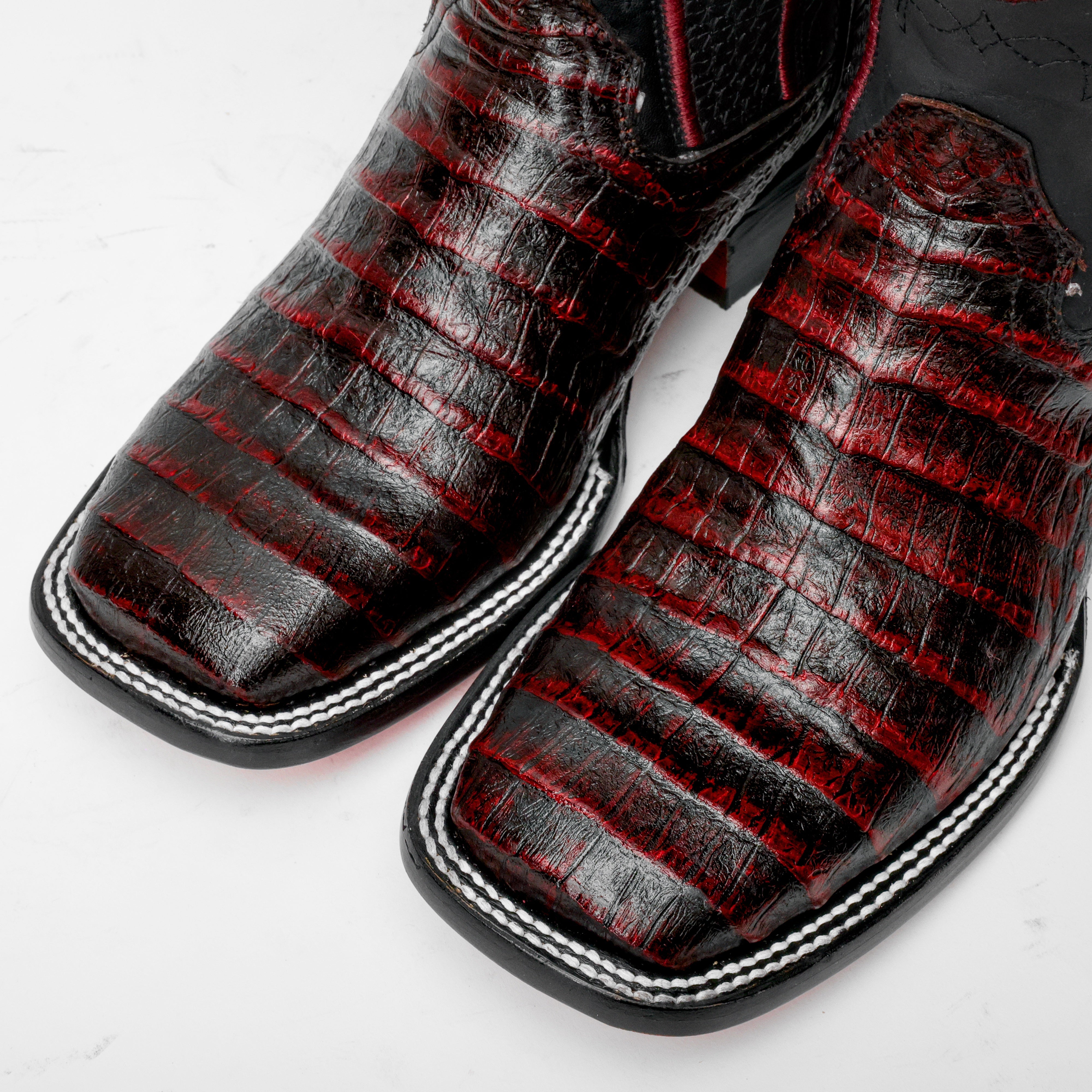 Black Cherry Caiman Belly Leather Boots - Square Toe
