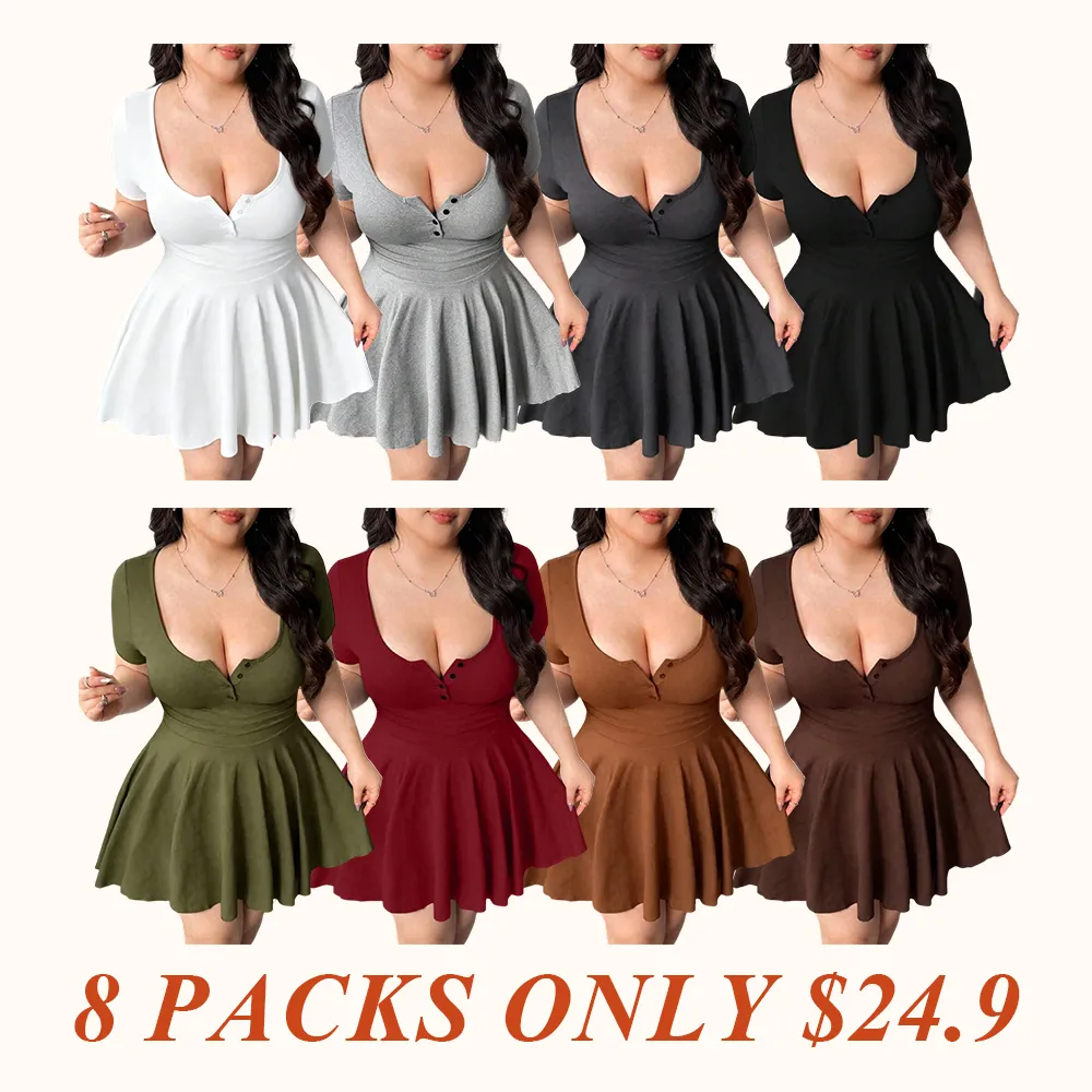 Plus-Size Womenswear Black Short Sleeve U-Neck Flared Mini Dress, Casual Style, Casual Wear