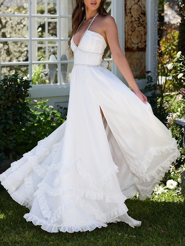 White Color Euffled Sleevless Spaghetti-Neck Split-Side Maxi Dresses