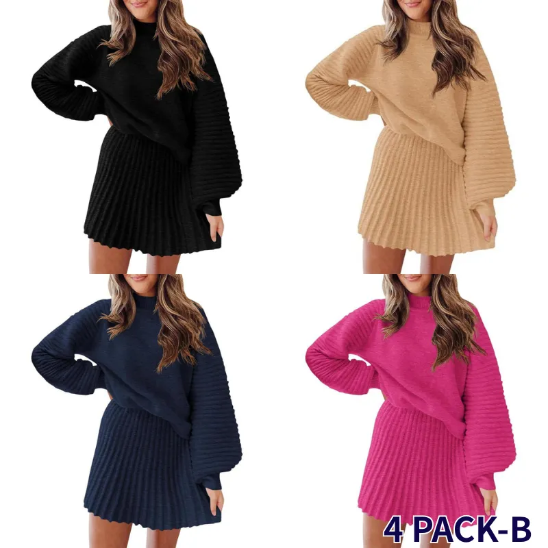 Women's long-sleeved sweater and mini skirt two-piece set