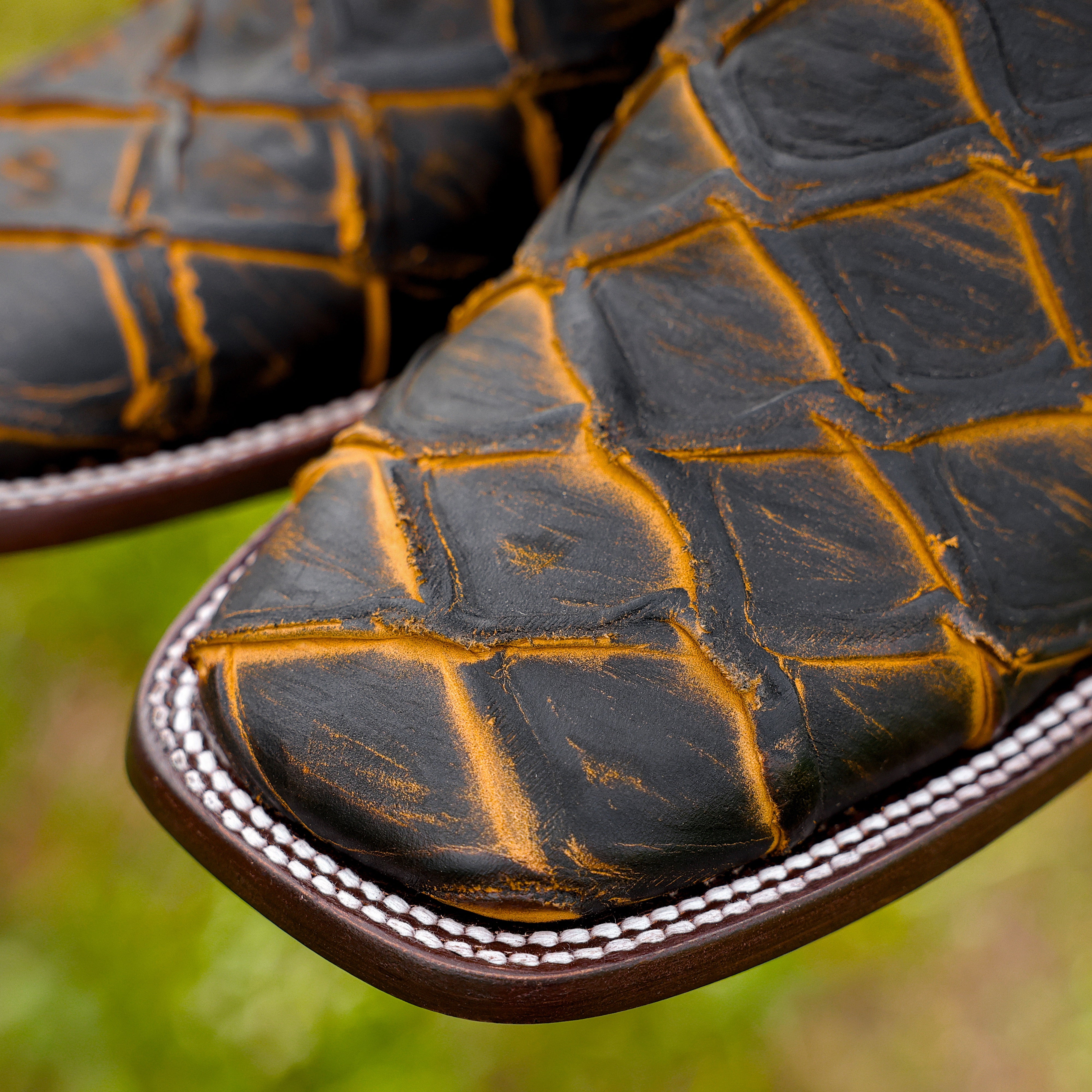 Matte Rustic Black/Honey Pirarucu Leather Boots - Square Toe