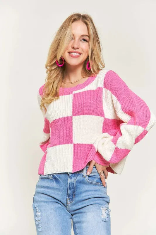 Plus Size Comfy Checkered Colorblock Sweater Top