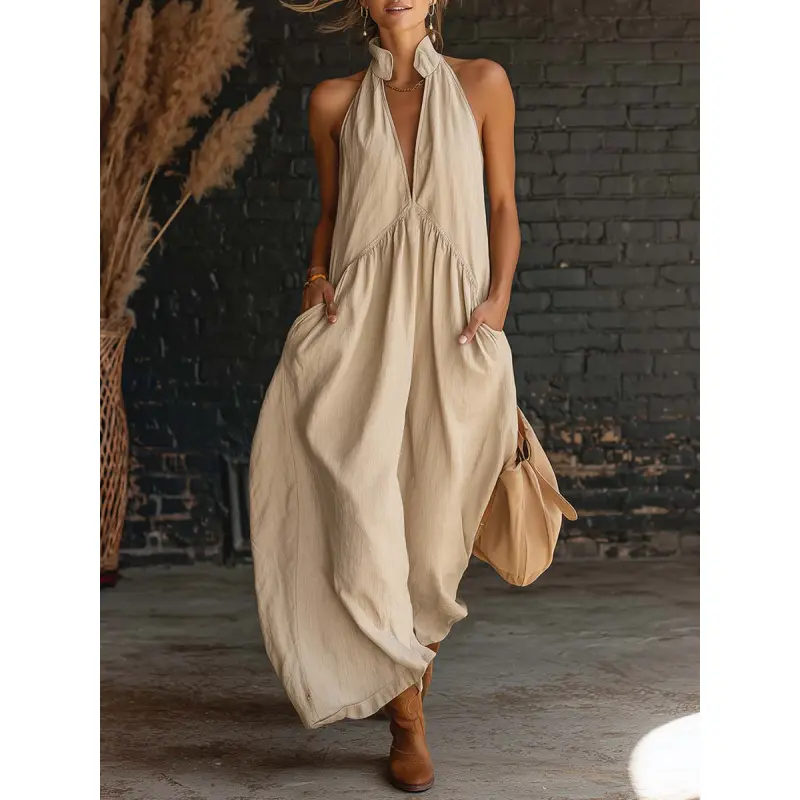 2026 Minimalist Halter Neck Maxi Dress | Casual Loose Fit Pocket Dress | Effortless Summer Outfit for Women