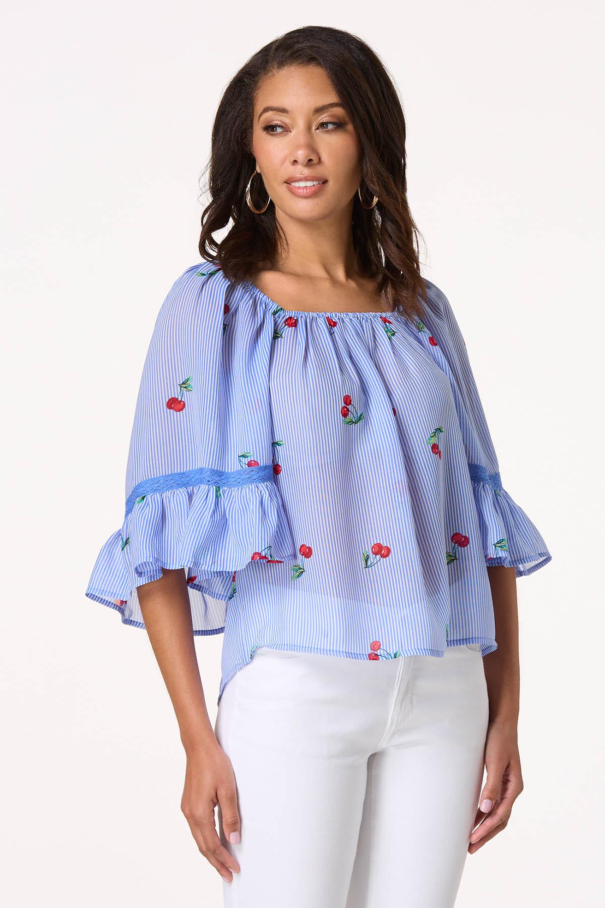 Stripe Cherry Off Shoulder Top