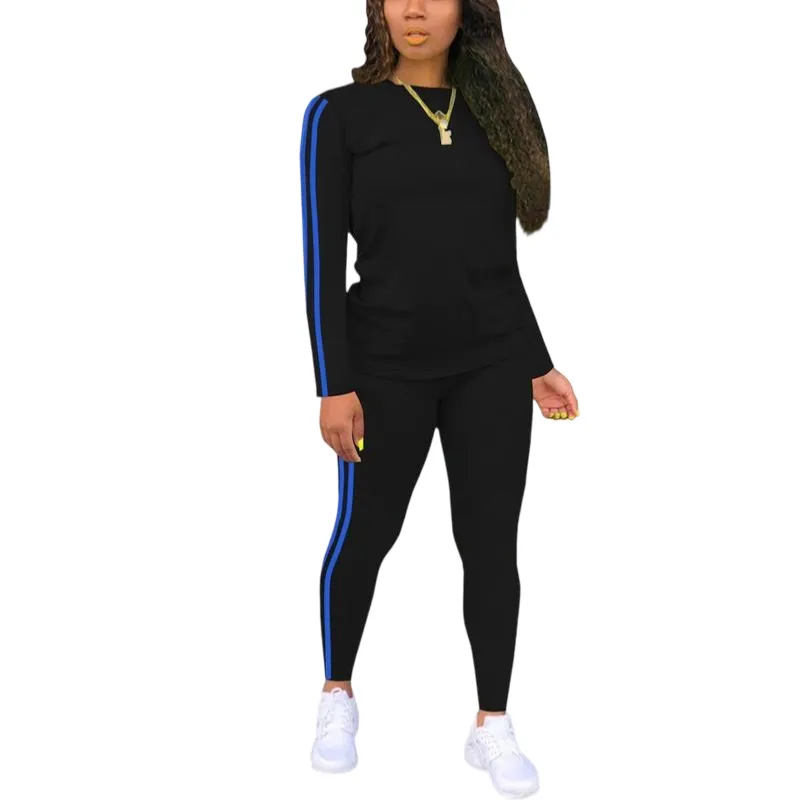 Women's Striped Print Long Sleeve Top & Pants Two-piece Set