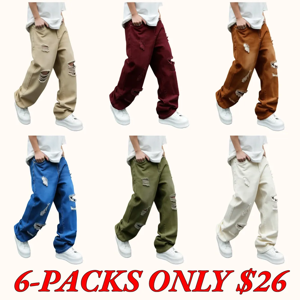 Men's Trendy Loose-Fit Jeans: American Retro-Style Distressed, Casual Wide-Leg Flared Denim