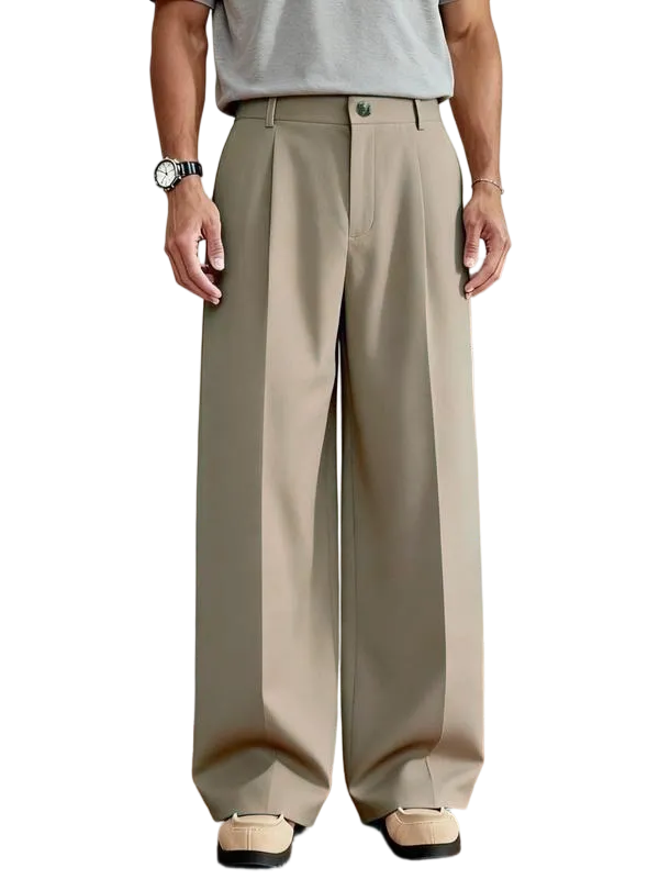 Men's Casual Versatile Solid Color Wide Leg Pants, Unique Button Design, Fitted Style