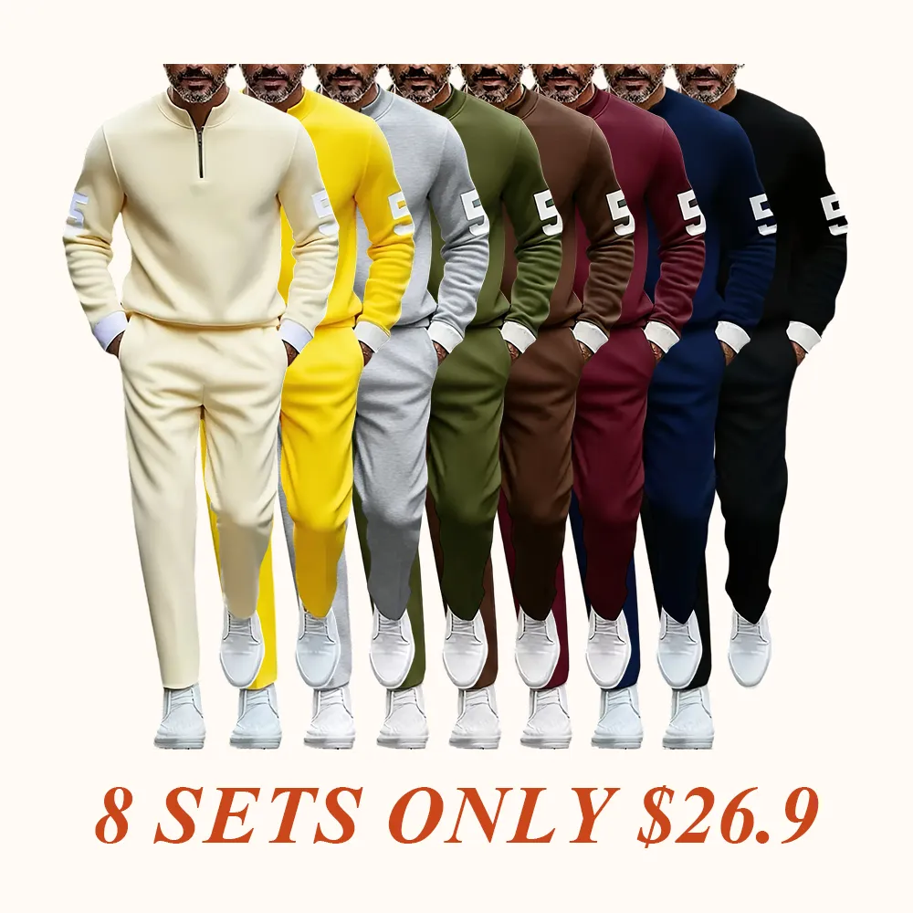 Fashion Stand up Collar Half Zipper Geometric Casual Simple Men's Set