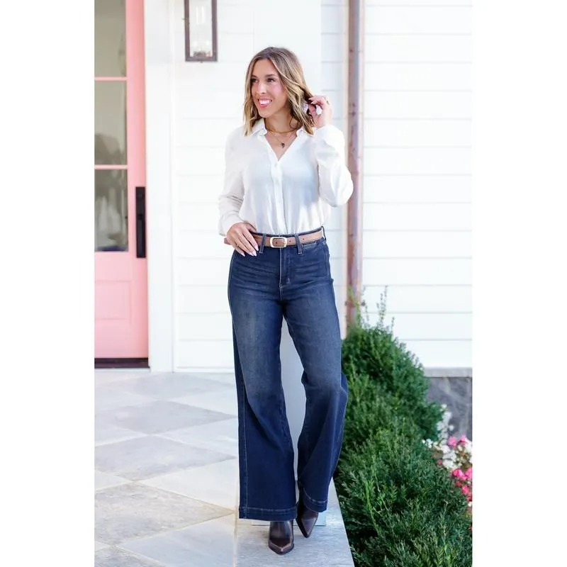 High-waisted dark washed vintage wide-leg jeans
