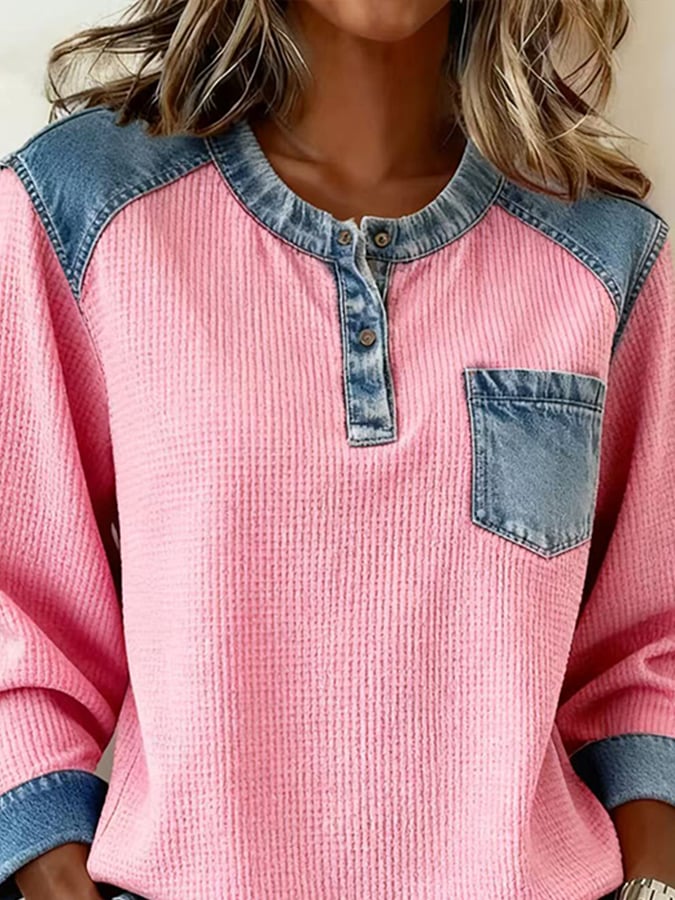 Women's Casual Henley Neck Waffle Panel Top