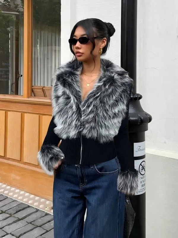 Women's Fashion Street Style Patchwork Knit Faux Fur Jacket