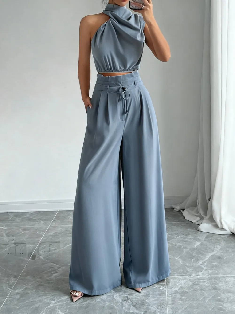 Women's Solid Color Crop Tank Top & Wide Leg Pants Two-piece Set