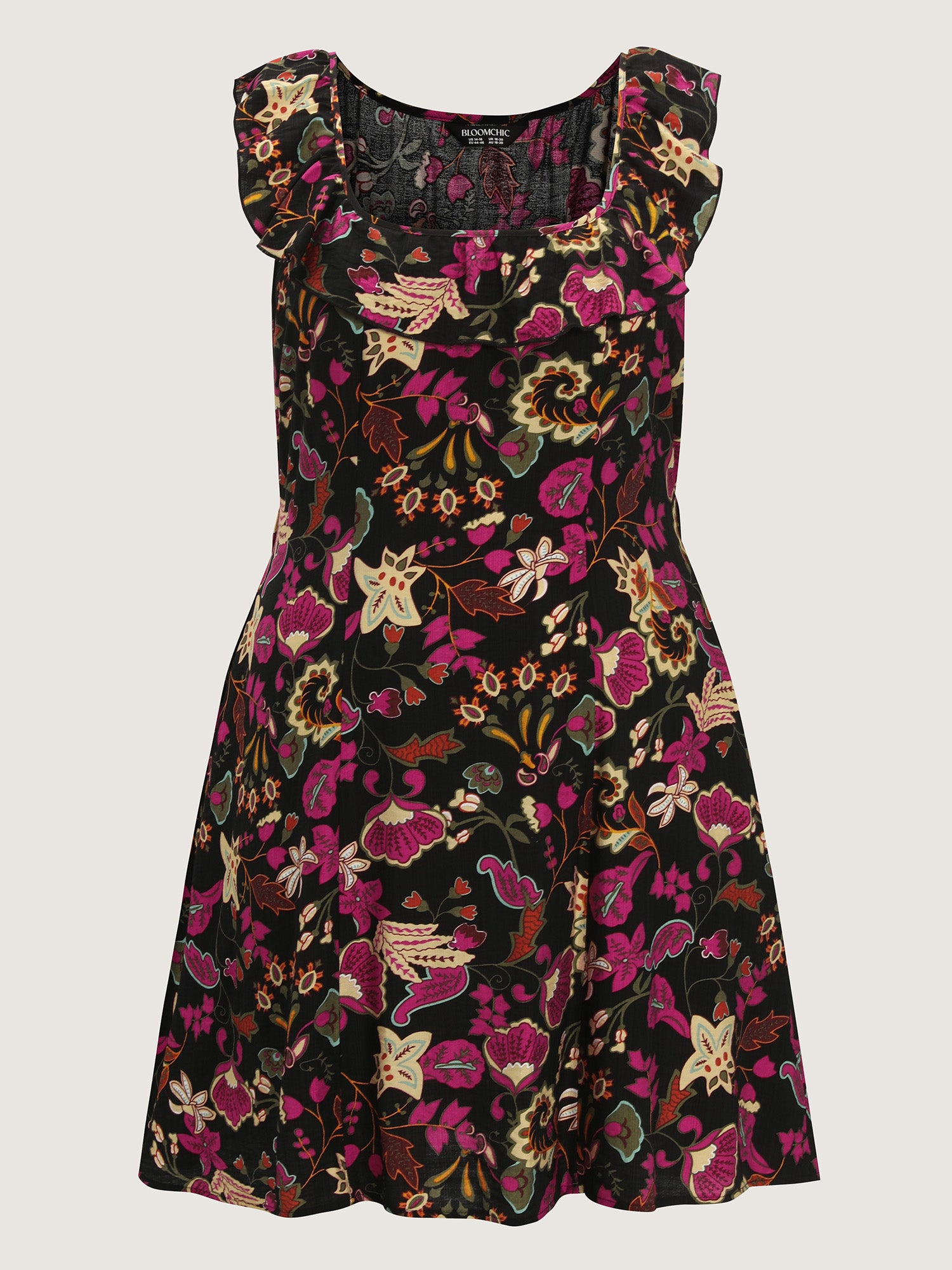 Vibrant Floral Print Ruffled Neckline Mini Dress