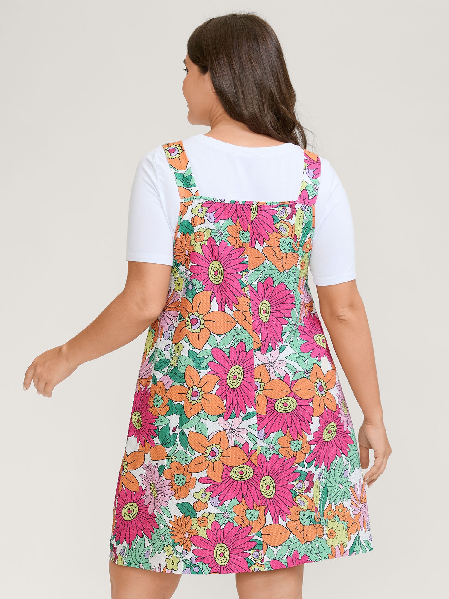 Floral Print Textured Overall Straps Dress