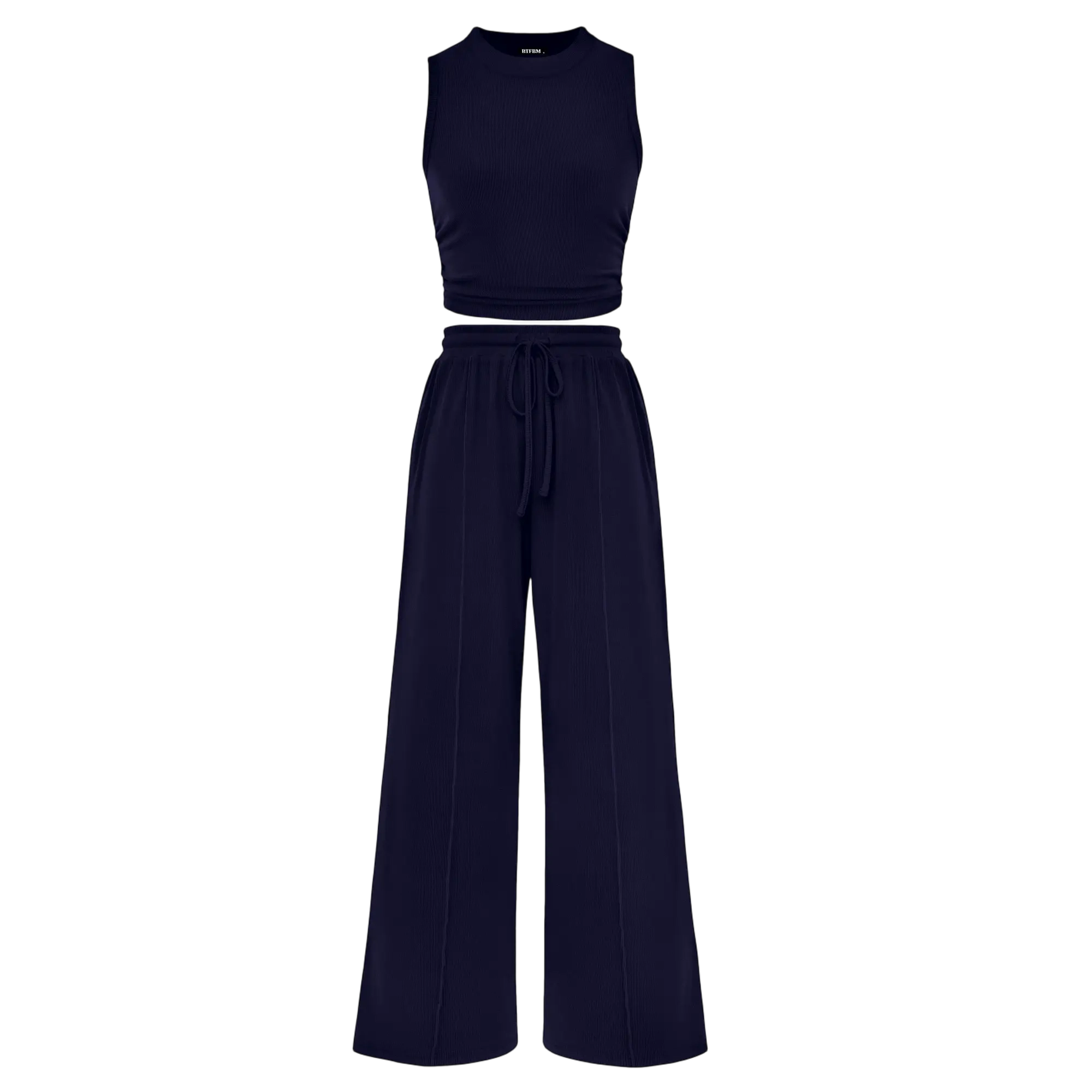 Women's Summer Two-Piece Set — Ribbed Knit Crew Neck Sleeveless Cropped Top