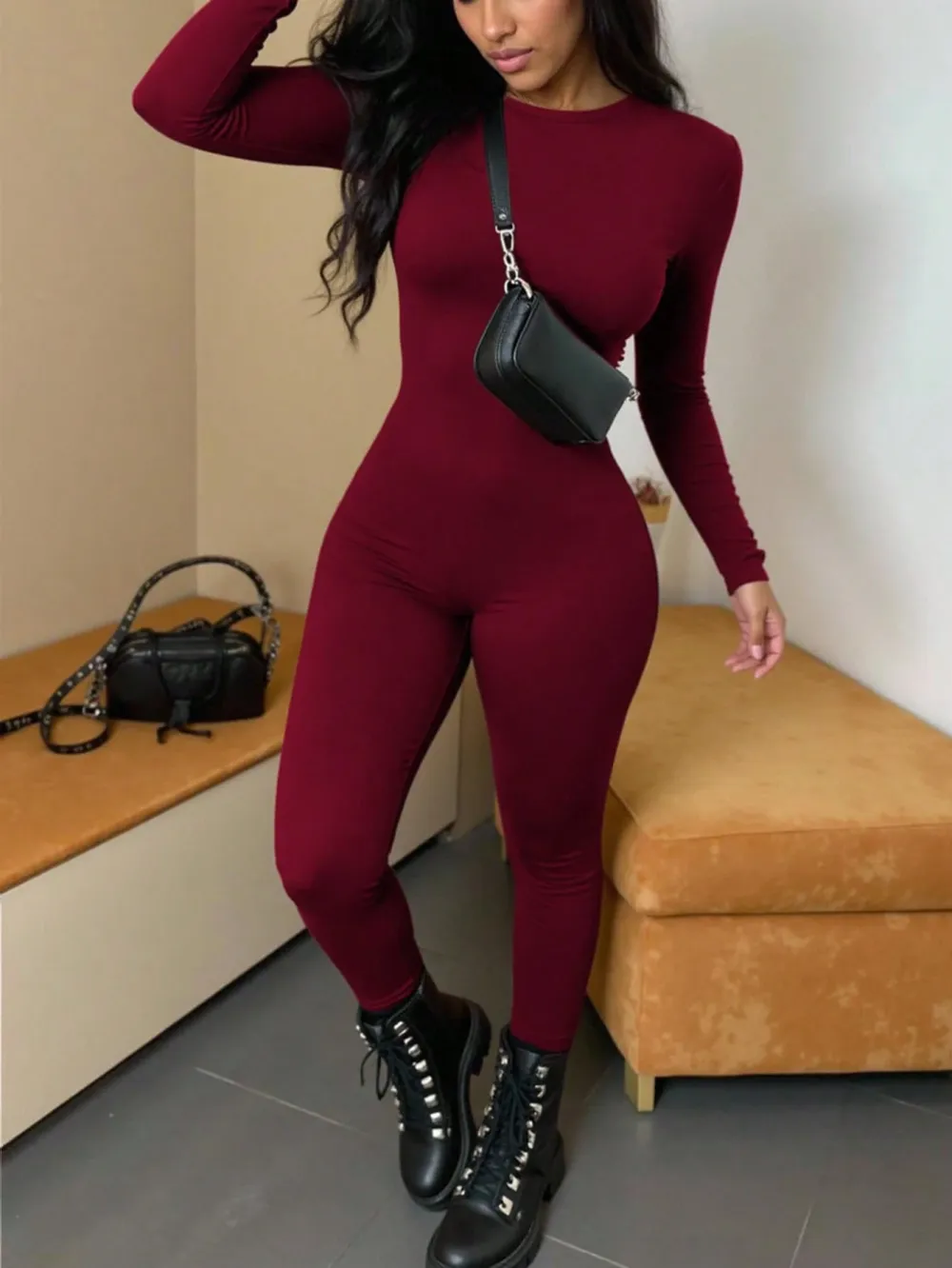 Women Solid Color Long Sleeve Jumpsuit