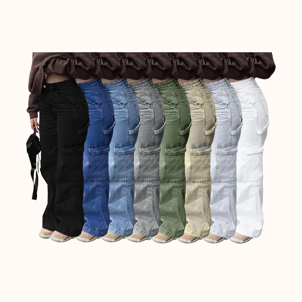 Women's High Waist Cargo Jeans with 6 Pockets, Wide Leg Baggy Denim Pants for Casual Street Style
