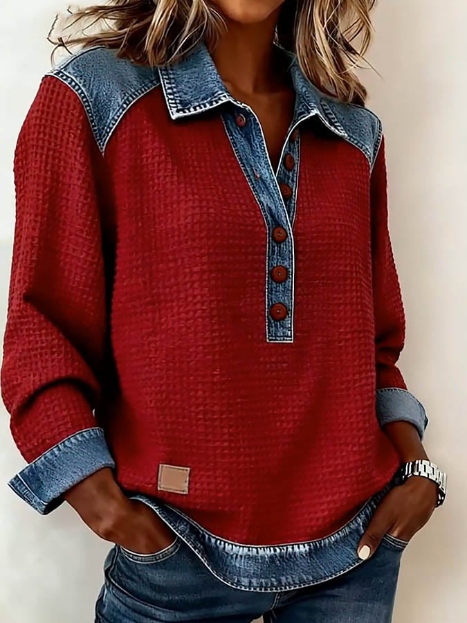 Women's Casual Collared Denim Patchwork Waffle Knit Sweatshirt