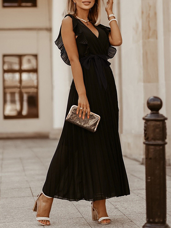 Floral Pleated Solid Color Split-Joint Tied Waist Loose Sleeveless V-Neck Maxi Dresses