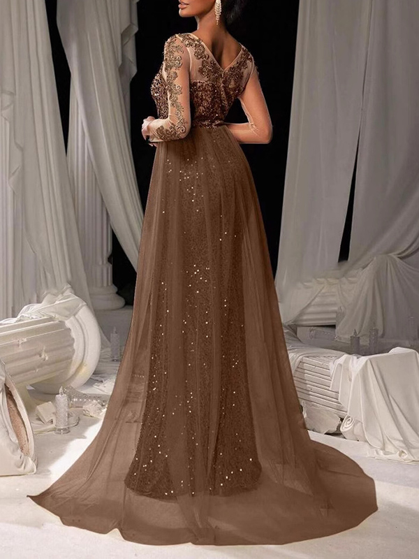 Sequinned Flower Lace Mesh Splicing Long Sleeves Mermaid Evening Maxi Dresses