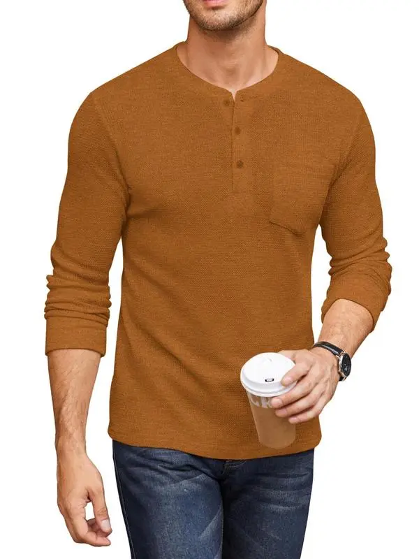 Men's Waffle Henley Long Sleeve Pocket Tee