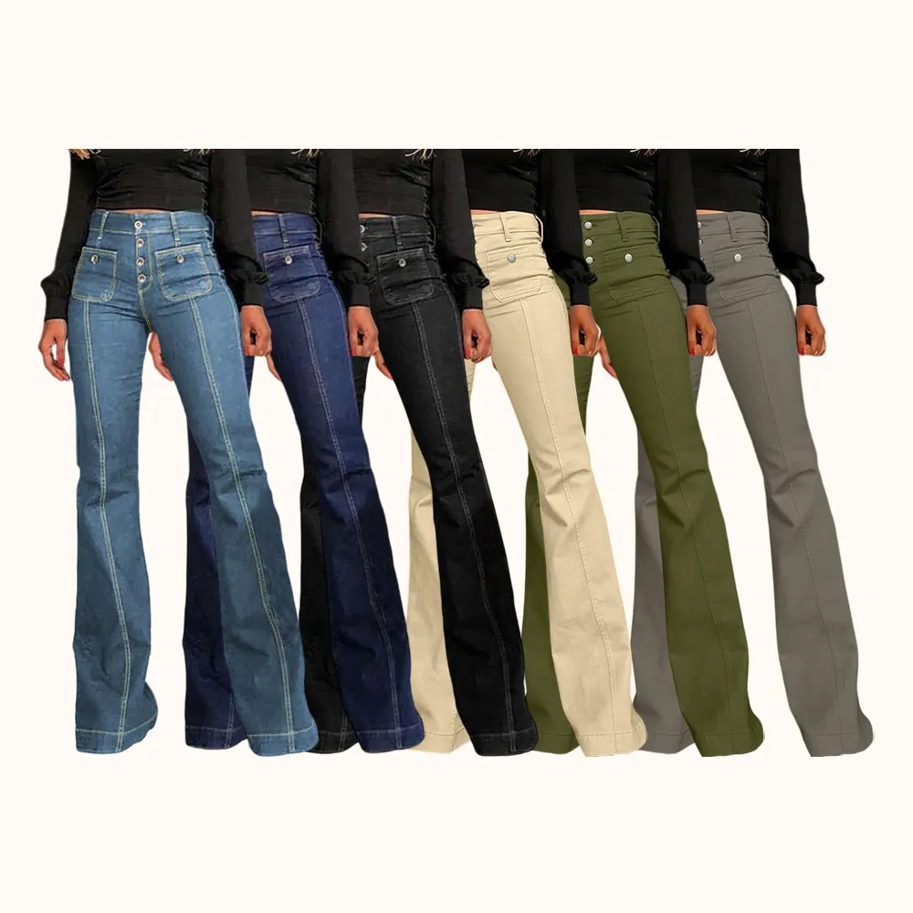 Women's Plain Flare Leg Jeans with Button & Pockets , Casual Bell Bottom Trousers for Daily Wear