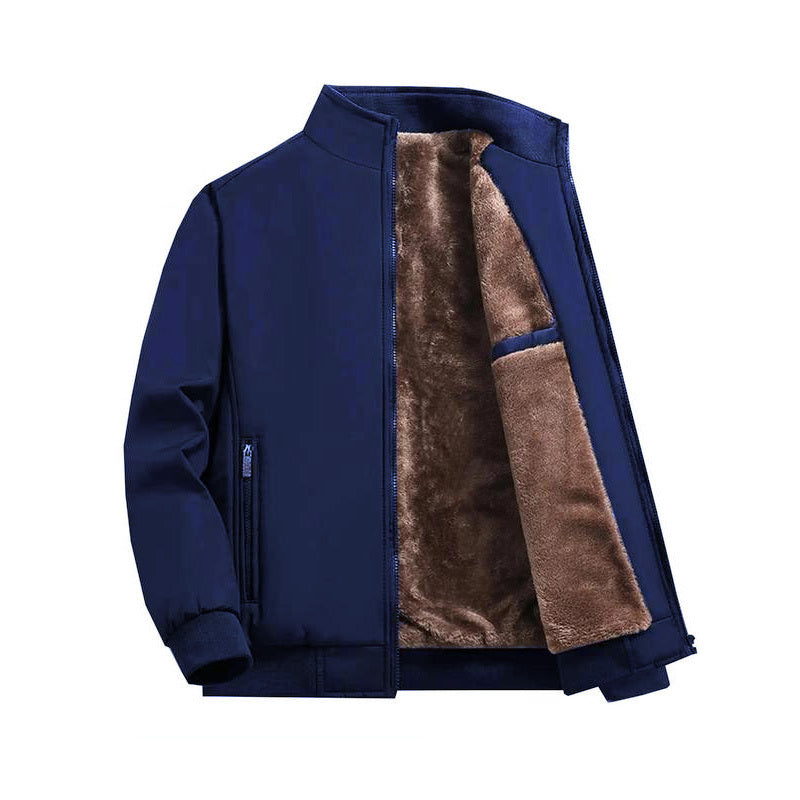 Men's Solid Color Funnel Neck Zip Up Practical Pockets Fleece Winter Jacket