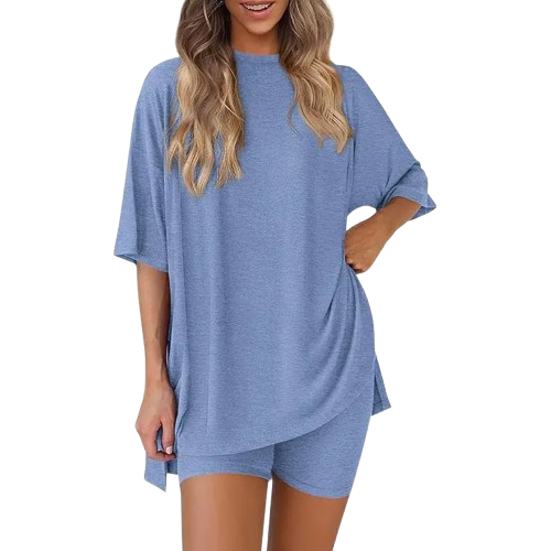 Women's Summer Two-Piece Lounge Set – Oversized Top & Biker Shorts, Soft & Comfy