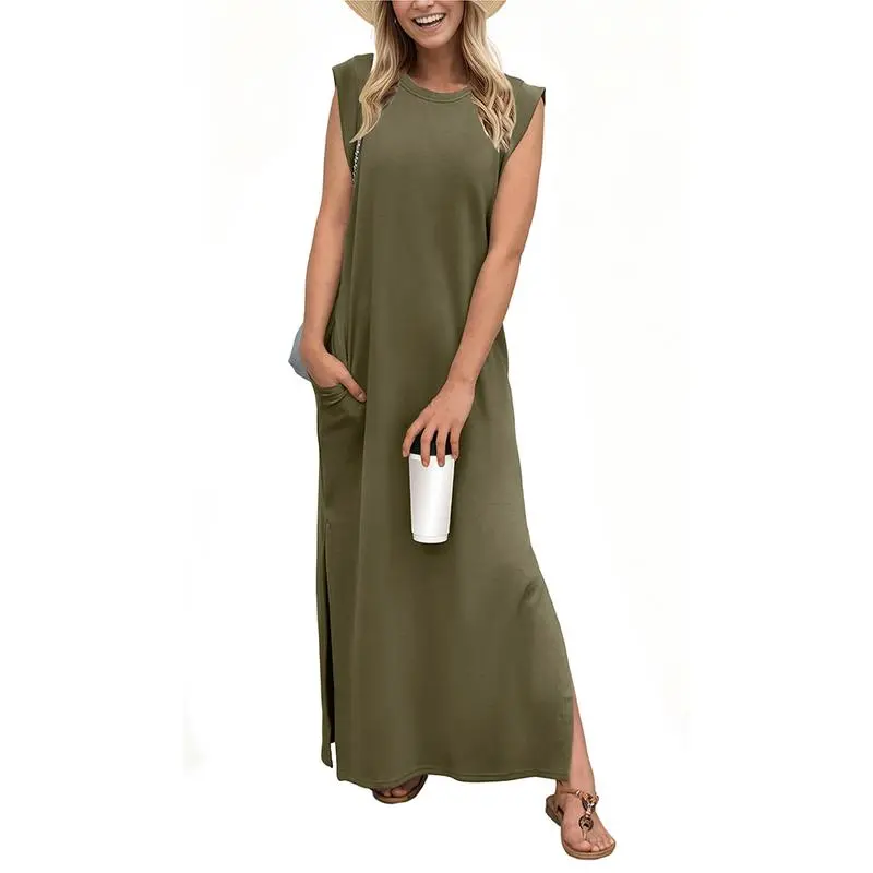 Women Loose Split Wrinkle-Free Long Dress with Pockets