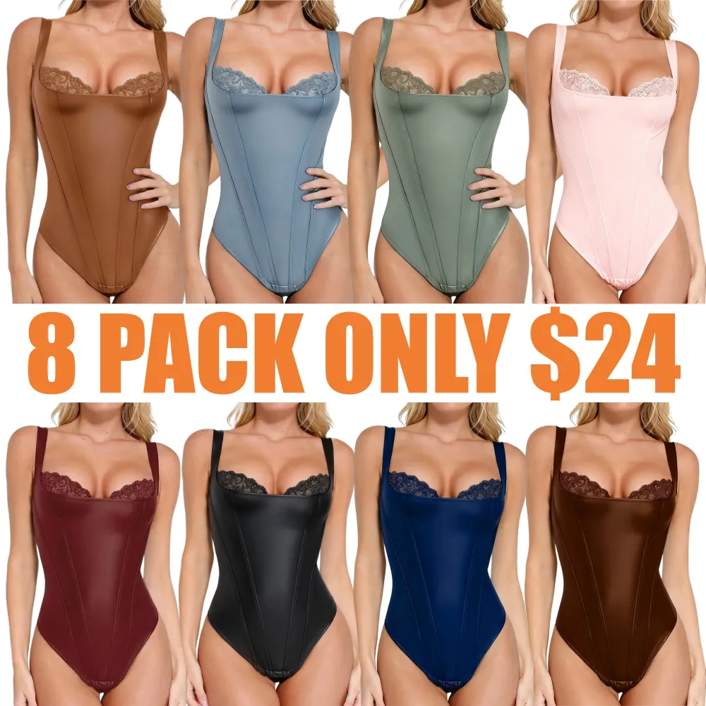 Leather Corset Top bodysuit Lace Trim Shapewear Tummy Control Bustier