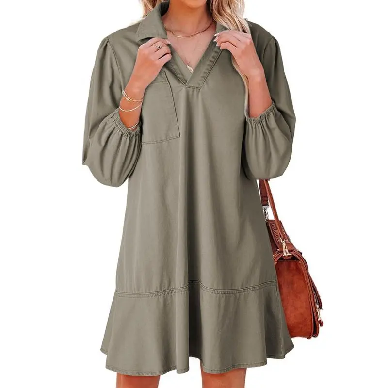 V Neck 3/4 Puff Sleeve Jean Dresses