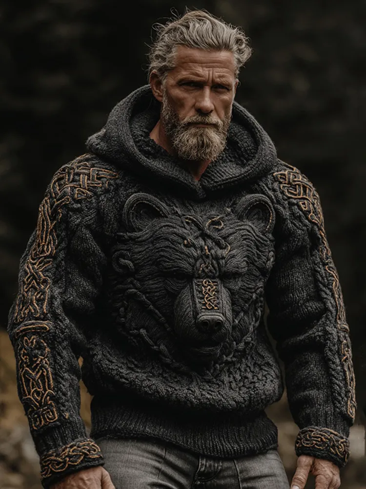 Men's Vintage Viking Bear Celtic Art Knit Hooded Sweater