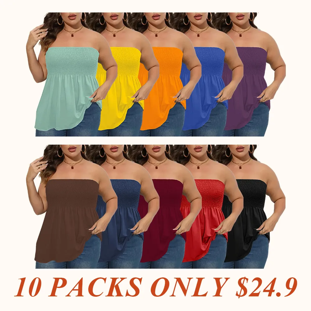 Plus Size Solid Ruffle Hem Shirred Tube Top, Boho Fashion Chic Style Tops, Lady Strapless Top