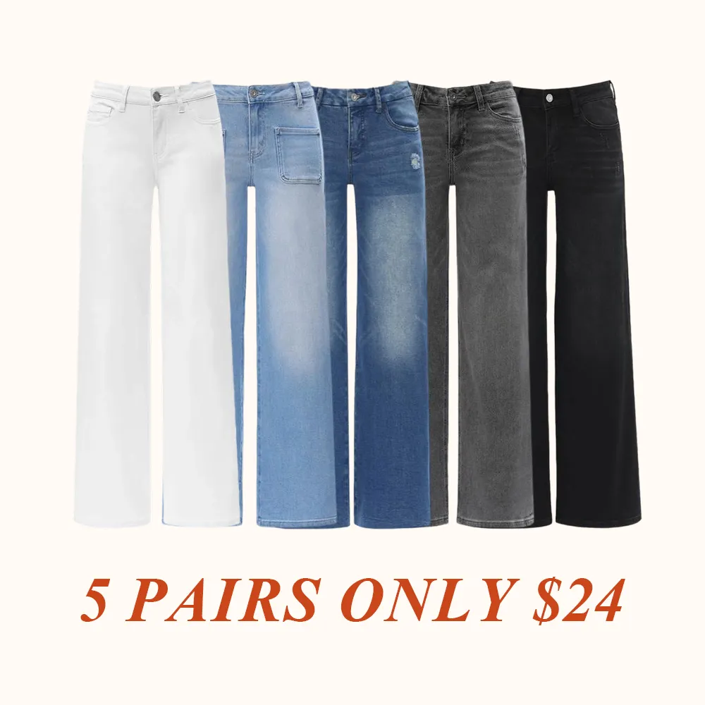 Mid-low Rise Baggy Jeans Stretchy Wide Leg for Women Distressed Pants