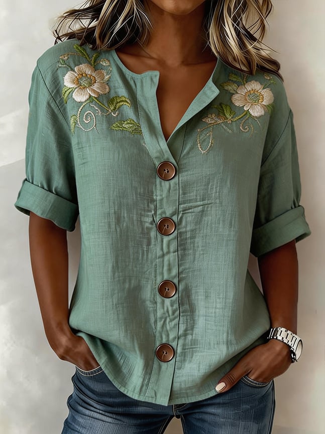 Women's Casual Embroidered Short-Sleeve Cotton-Linen Top