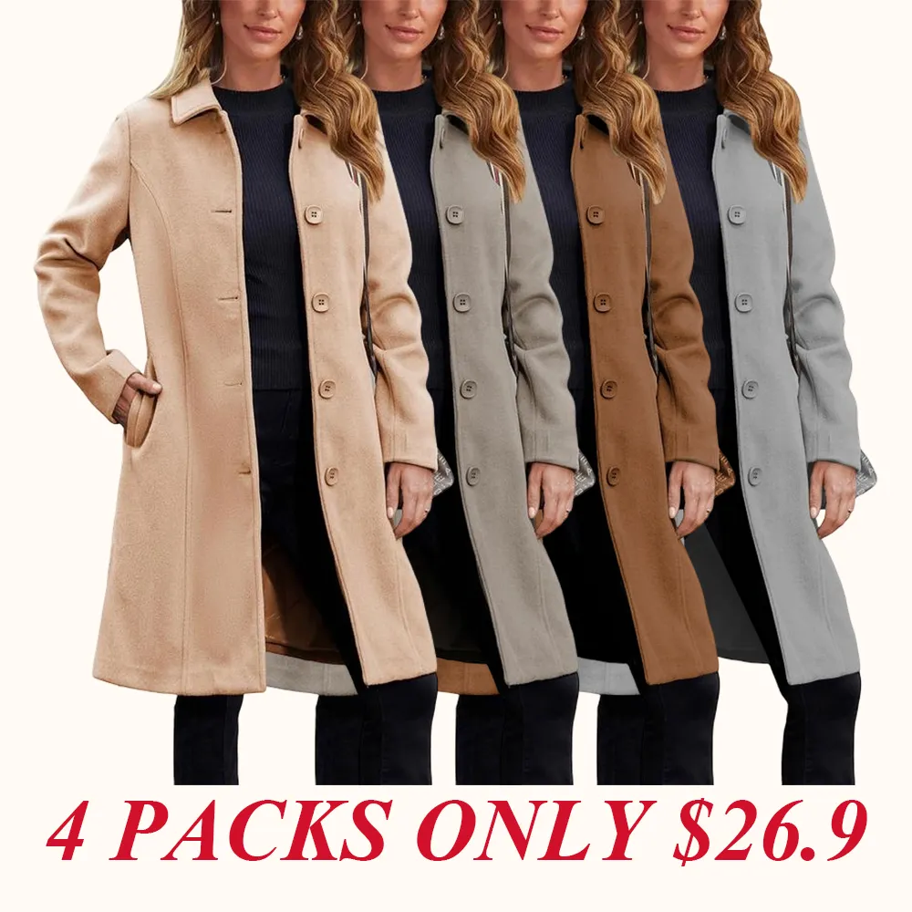 Women's Faux Wool Peacoat Single Breasted Notched Collar Trench Coat
