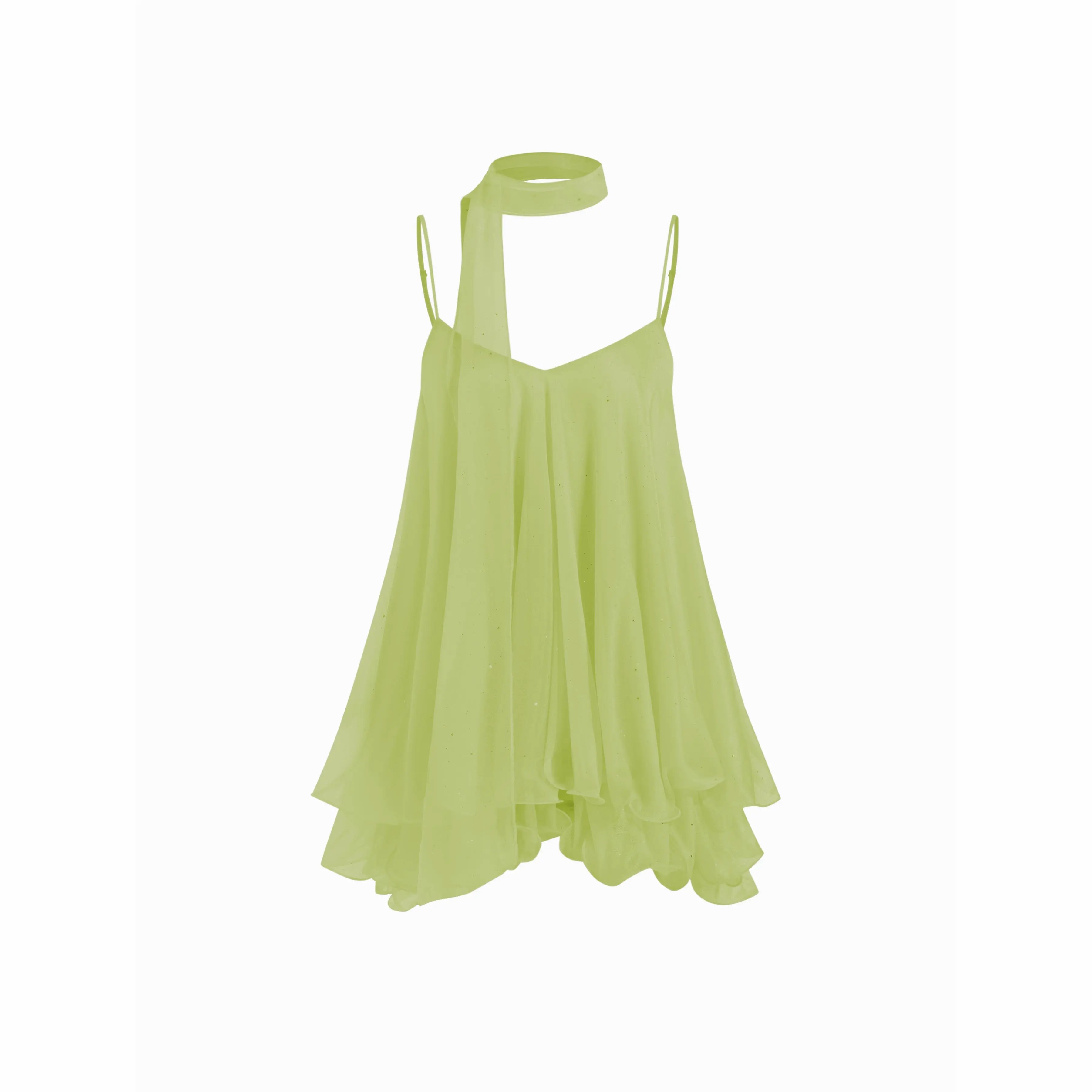 Women's Sequin V-Neck Halter Mini Dress – Ruffled Hem with Scarf