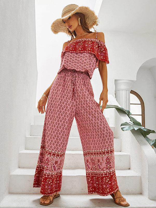 Women Wide Leg Floral Printed Bohemia Jumpsuit
