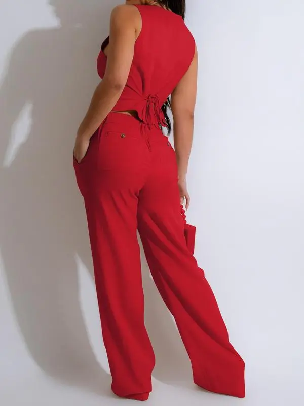 Women's Button Front V Neck Crop Tank Top & High Waist Pants Set