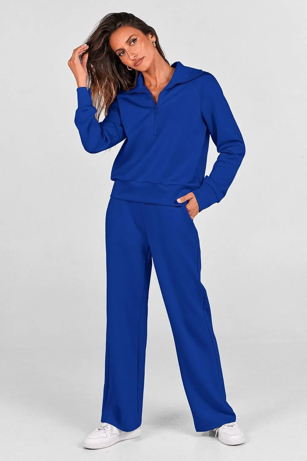 🔥Final Day Clearance!🛒Women's 2 Piece Outfits Casual Lapel Half Zip Sweatshirts And Wide Leg Pants Tracksuit Sets