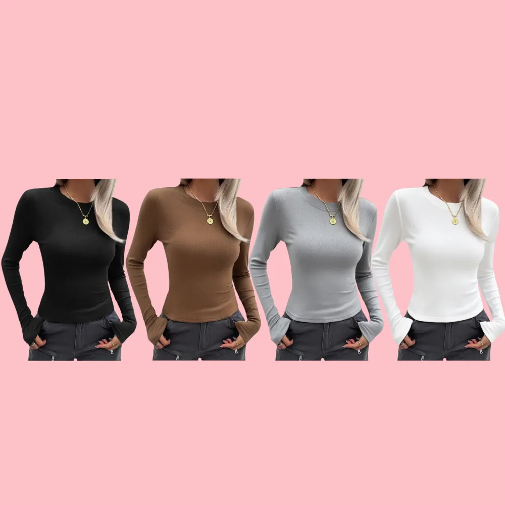Women Long Sleeve Stretch Slim Round Neck Ribbed Basic Top