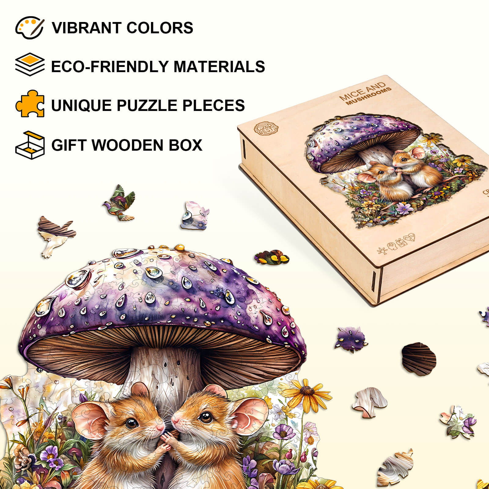 Mice and mushrooms Wooden Jigsaw Puzzle