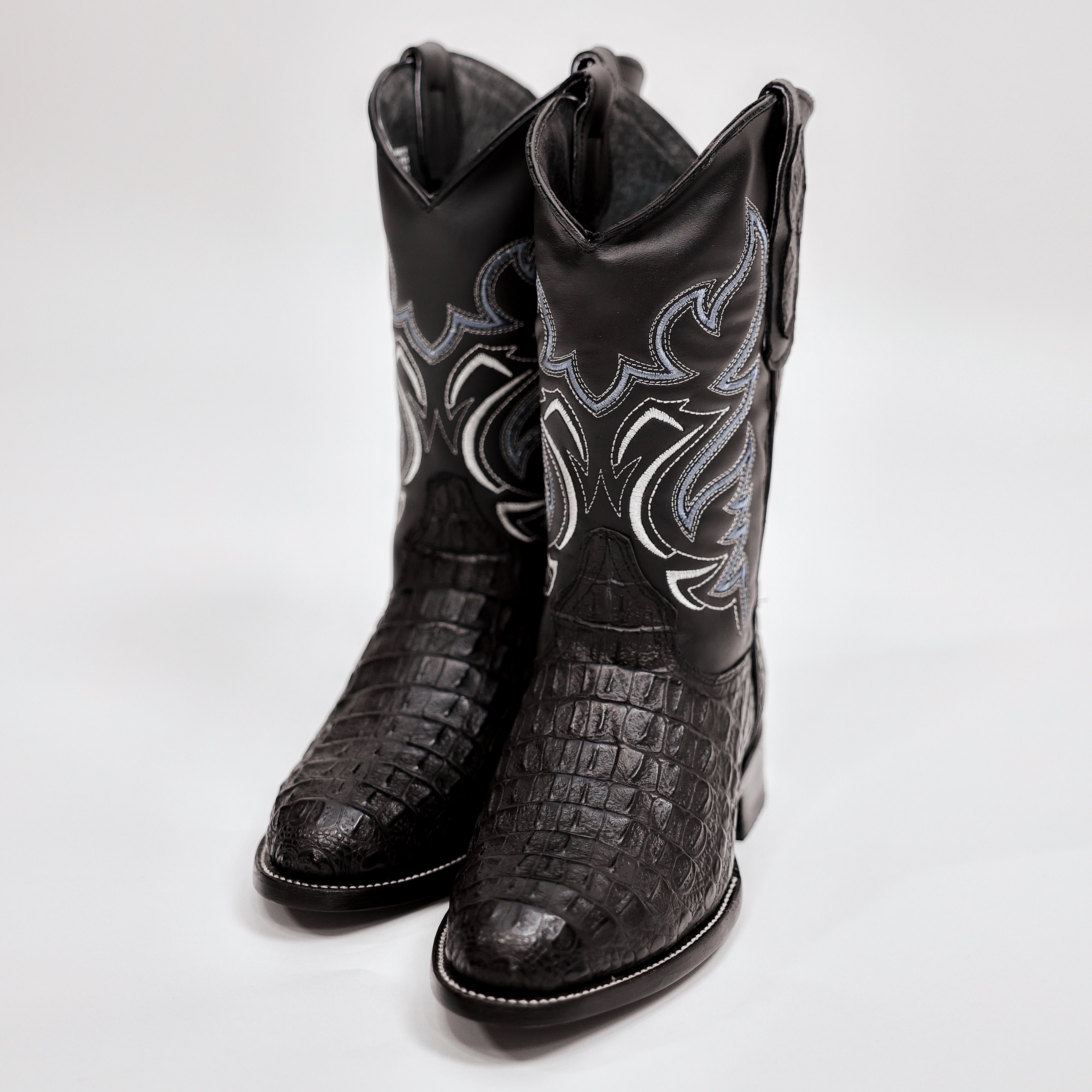 Black Caiman Hornback Leather Boots - Round Toe