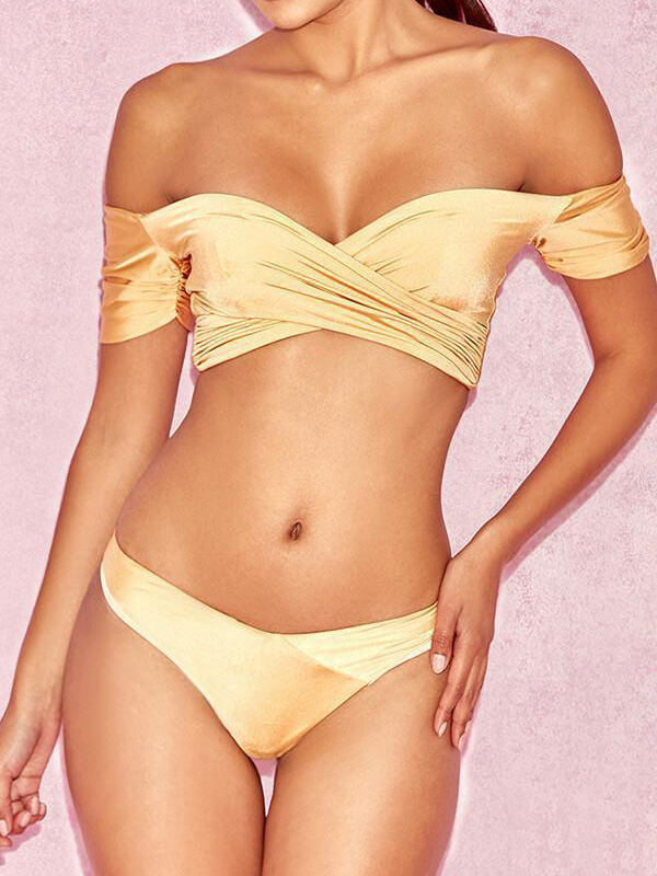 Solid Color Short Sleeves Off-The-Shoulder Bikini Swimsuit