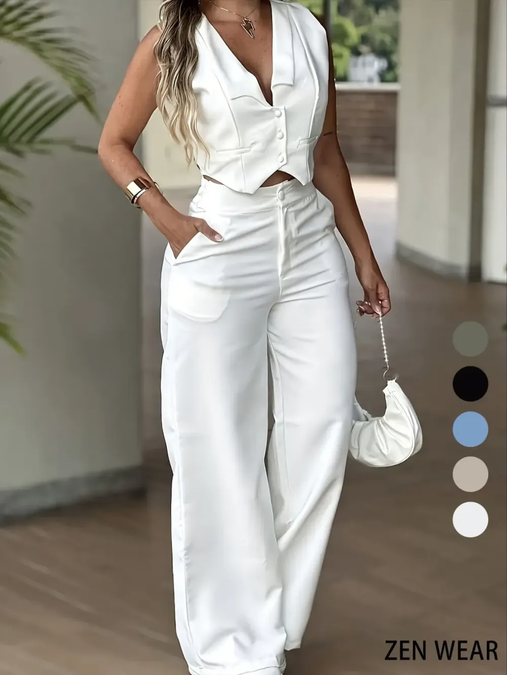 New Women's Pants Set, Sleeveless Waist Cinching Vest Set, Wide Leg Pants